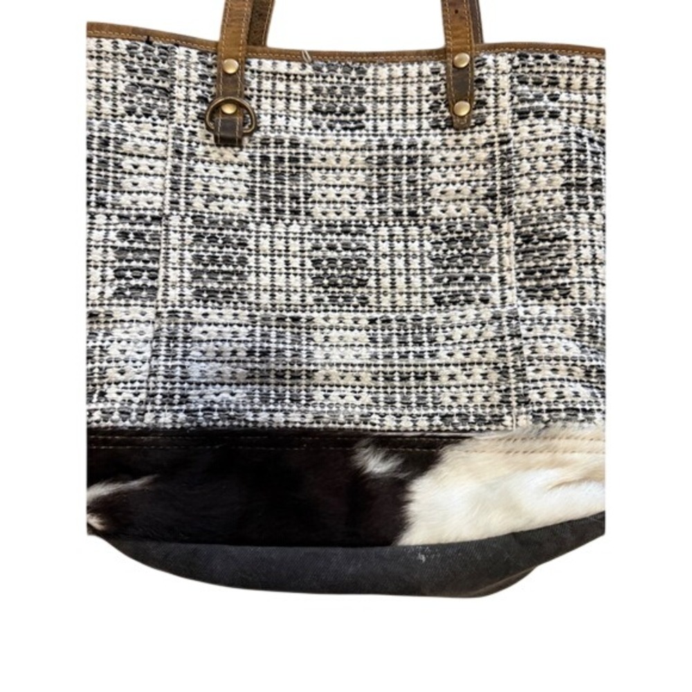 Myra Bag Woven Canvas Cowhide Fur Leather Trim Tote Bag Black White Western Boho